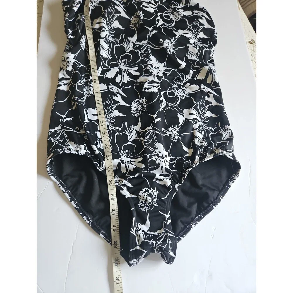 NWT Lands' End  One-Piece Floral Black & White Swimsuit Size 14 L